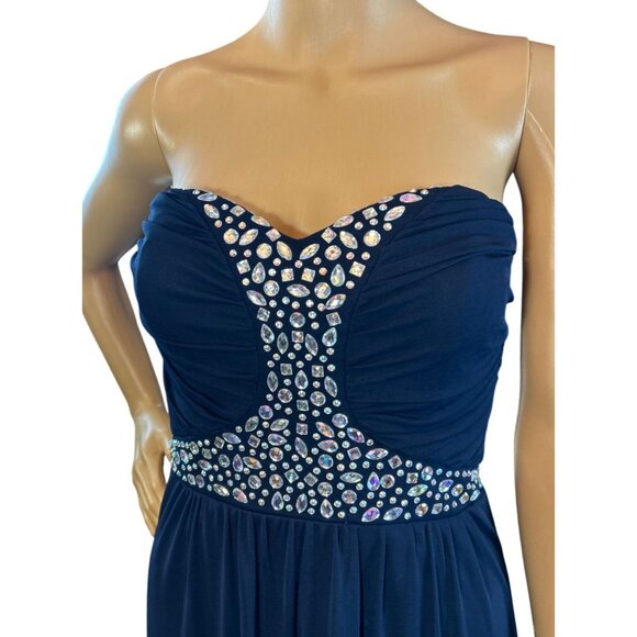 Rhinestone Embellished Floor Length Strapless Formal Gown in Midnight Blue - Picture 6 of 8